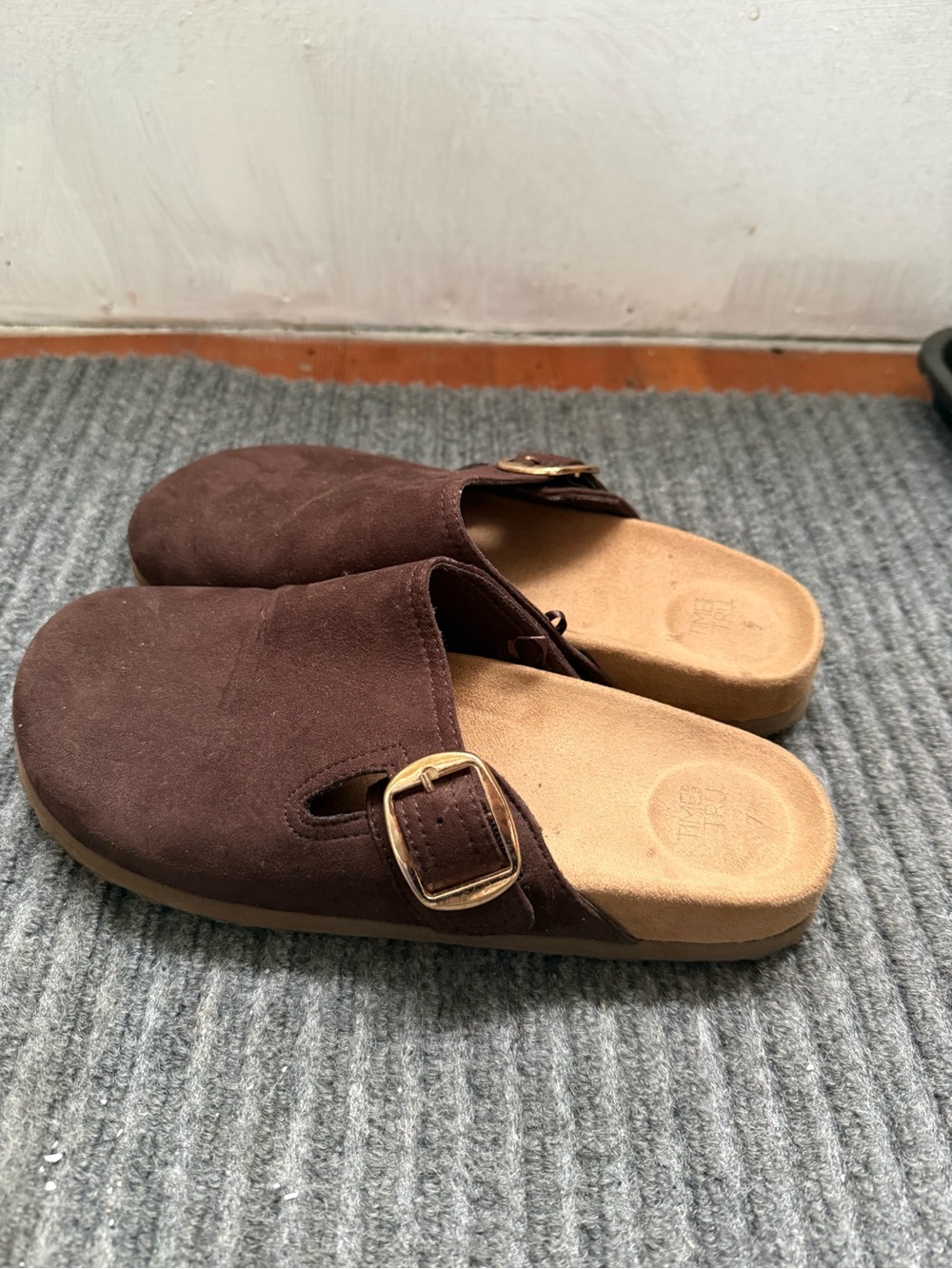 Time and Tru Brown Suede Slip-On Clog with Gold Buckle